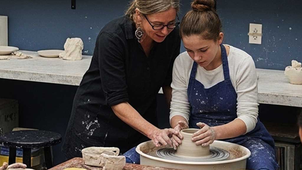 A teen learning to sculpt on a wheel