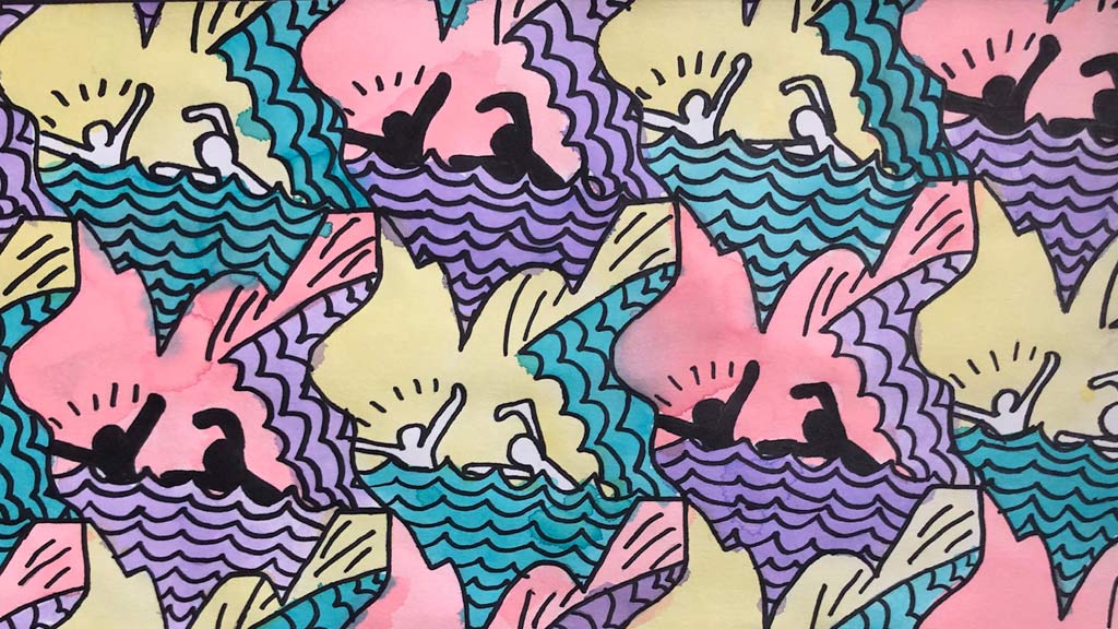 Student multimedia artwork featuring Keith Haring-inspired figures in watercolor